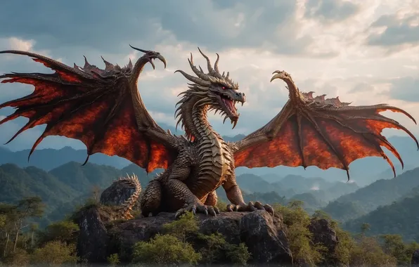 The sky, mountains, dragon