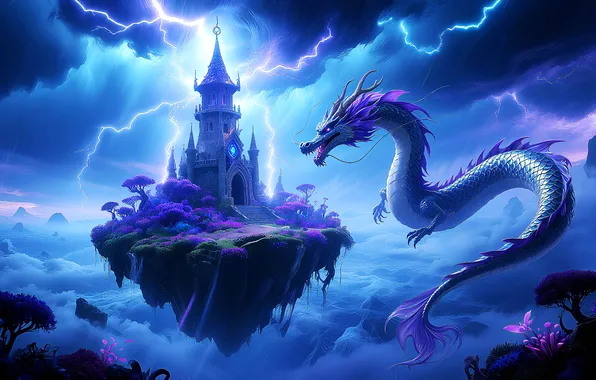 Picture city, fantasy, dragon, castle, flying island, chinese