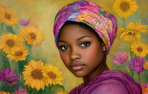 Girl, sunflowers, flowers, portrait, black, black woman, imitation painting, AI art