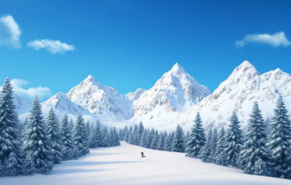 Winter, forest, the sky, snow, mountains, nature, blue, the slopes
