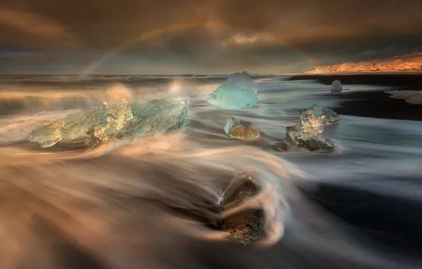 Sea, wave, beach, light, ice, rainbow, excerpt, Iceland