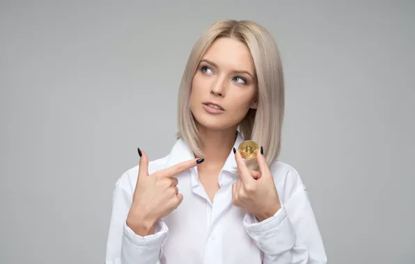 Gesture, white blouse, bitcoin, gesture, beautiful blonde, white blouse, beautiful blonde, charming girl