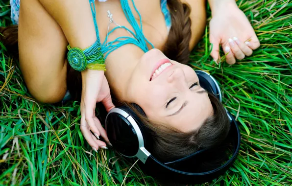 Picture greens, grass, girl, nature, smile, music, background, stay