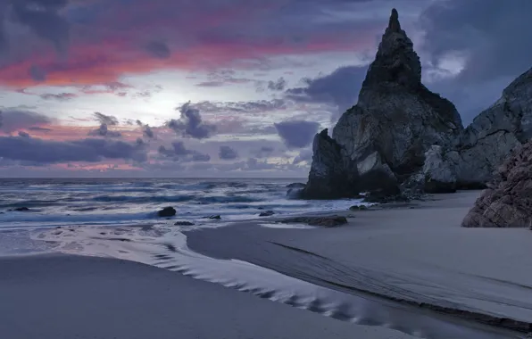 Sand, sea, the sky, clouds, sunset, clouds, rocks, shore