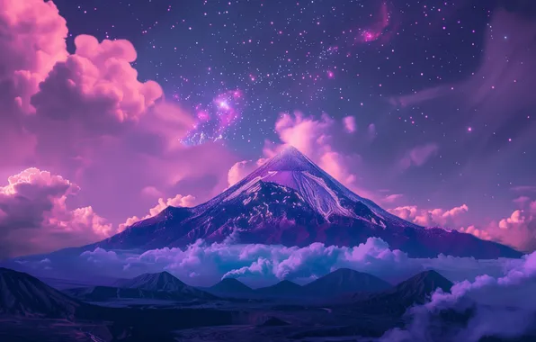 Sky, night, purple, majestic, volcano, starry