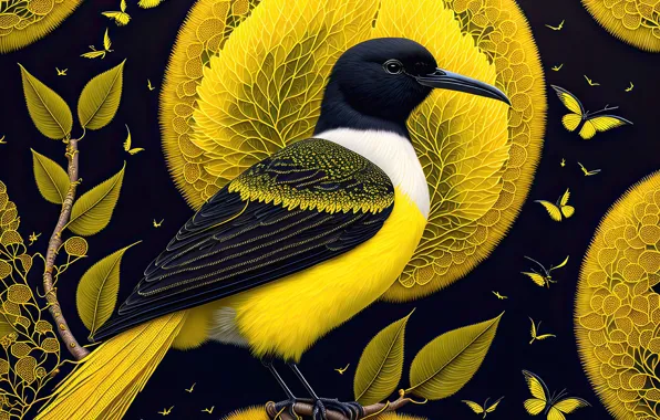 Leaves, bird, graphics, art, digital painting, digital art, AI art, neural network