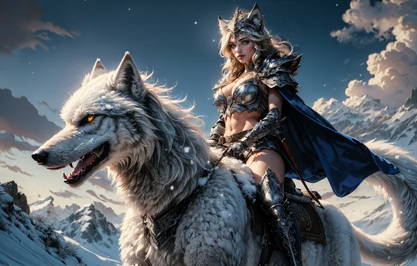 Girl, mountains, wolf, fantasy