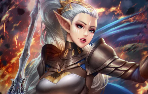 Picture chest, girl, hair, elf, beauty, sword, warrior, ears