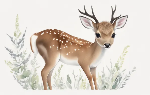 Figure, deer, watercolor, cute, fawn, spotted, cute, deer