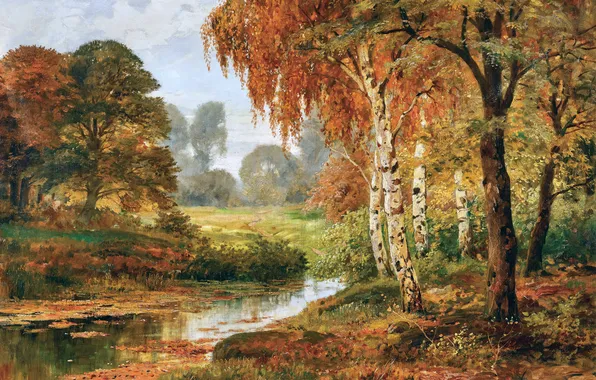 Trees, Picture, River, Alois Arnegger, Alois Arnegger, Austrian painter, Autumn forest with a river