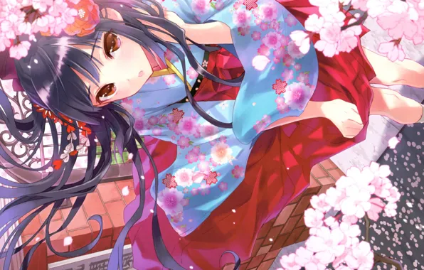 The wind, spring, petals, girl, long hair, Japanese clothing, art, kusakabe akira