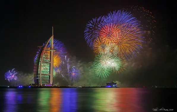 Night, lights, new year, Dubai, fireworks, the hotel, UAE, Burj Al Arab