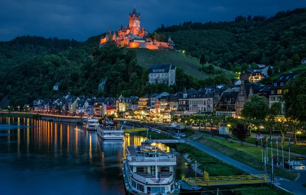 Picture river, castle, Marina, home, Germany, night city, Germany, Cochem