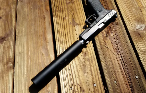 Board, shadow, muffler, Glock 21, a pistol with a silencer
