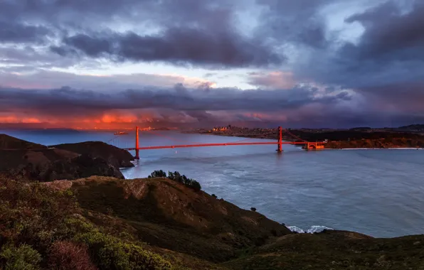 Sunset, bridge, nature, Golden Gate
