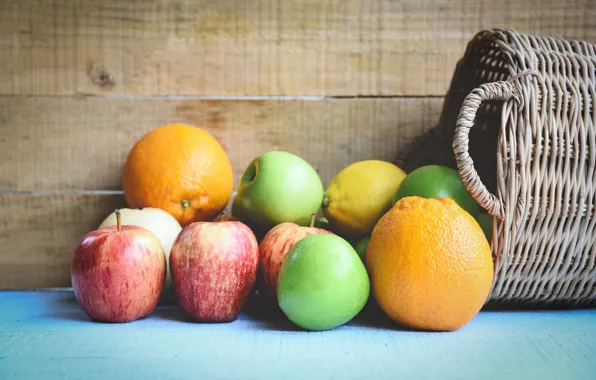 Red, green, background, lemon, apples, Board, orange, food