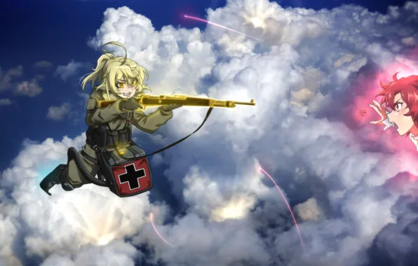 Girl, soldier, sky, military, weapon, war, anime, cloud