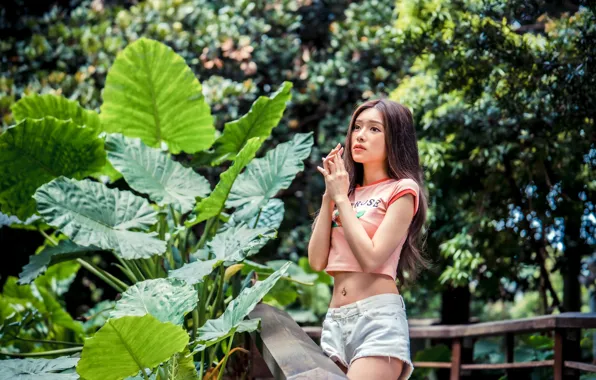 Leaves, trees, pose, model, shorts, portrait, makeup, garden