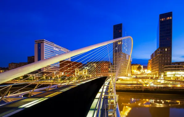Bridge, lights, the evening, Spain, Bilbao, Zubizuri