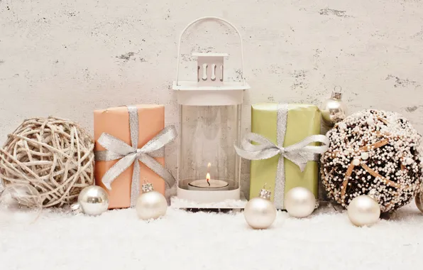 Picture snow, decoration, balls, candles, New Year, Christmas, gifts, Christmas