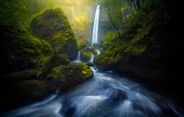 Picture autumn, light, nature, river, rocks, foliage, waterfall, stream