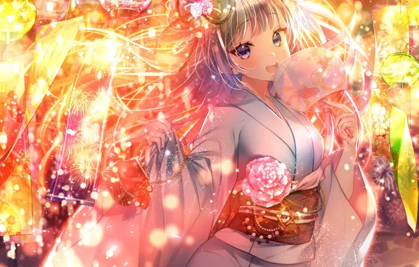 Girl, Salute, Lights, Festival, Yukata, Would Saga