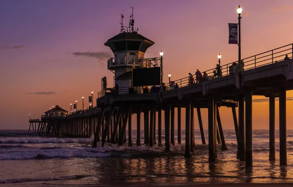 Sea, the sky, sunset, lights, people, coast, the evening, horizon
