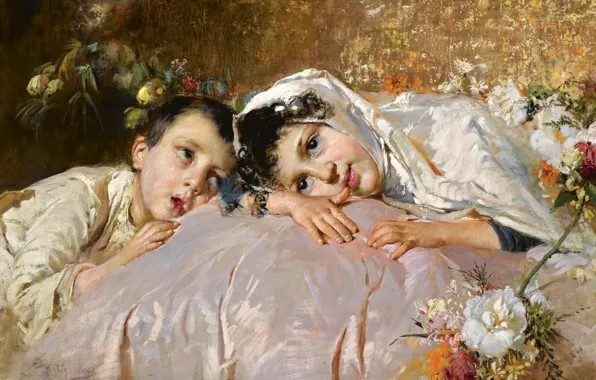 Picture look, flowers, children, portrait, picture, artist, painting, Salvatore Postiglione