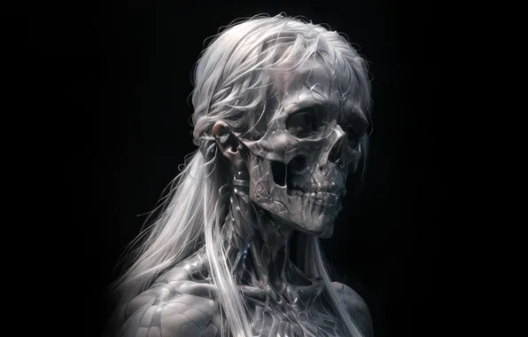 Girl, skull, black background, undead, horror