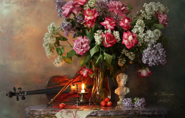 Flowers, style, violin, roses, candle, bouquet, figurine, still life