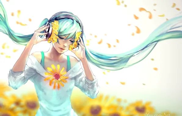 Flowers, petals, headphones, Hatsune Miku, long hair, art, vokaloid, closed eyes