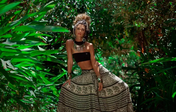 Picture forest, girl, decoration, pose, style, skirt