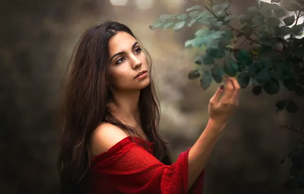 Picture girl, branches, background, mood, hair, hand