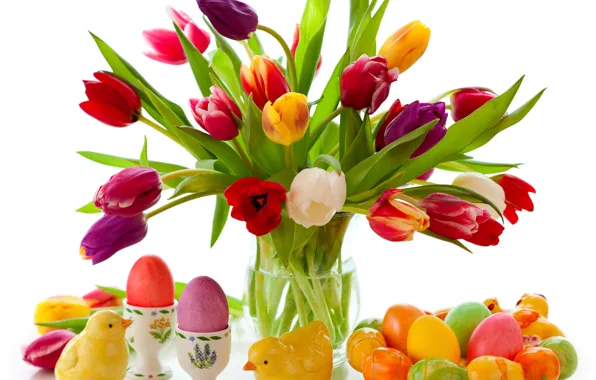 Picture flowers, eggs, spring, colorful, Easter, tulips, flowers, tulips