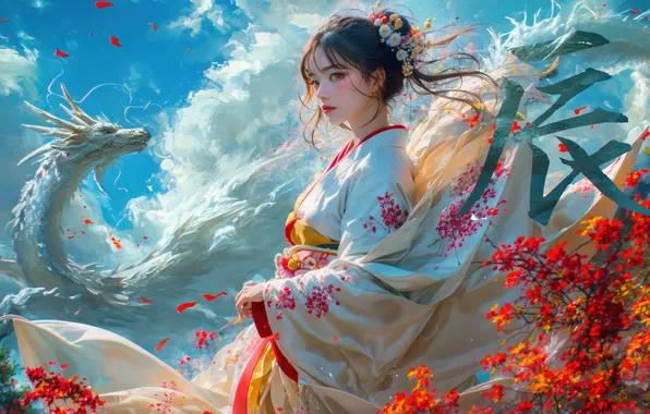 Picture girl, fantasy, dragon, kimono