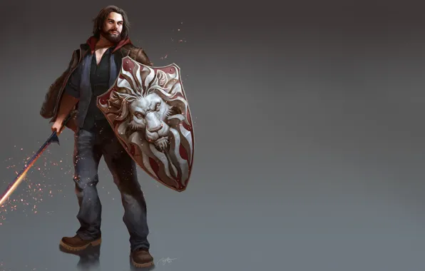Pose, figure, sword, fantasy, art, sparks, male, sword