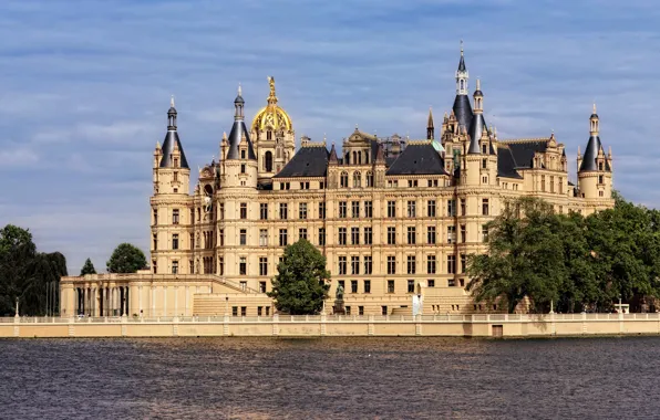 Picture river, castle, Germany, Schwerin