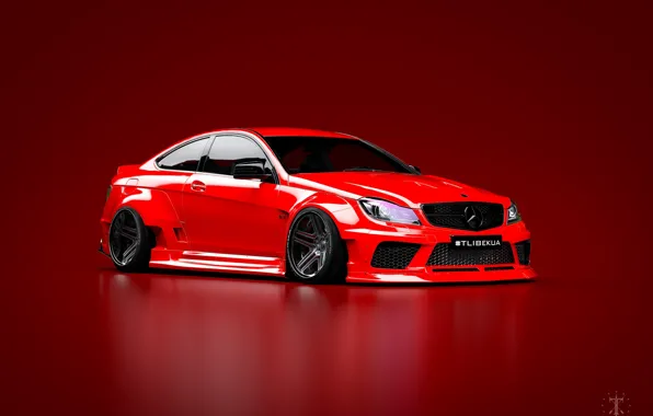 Mercedes-Benz, Red, Machine, Mercedes, Car, C63, Widebody, Red background
