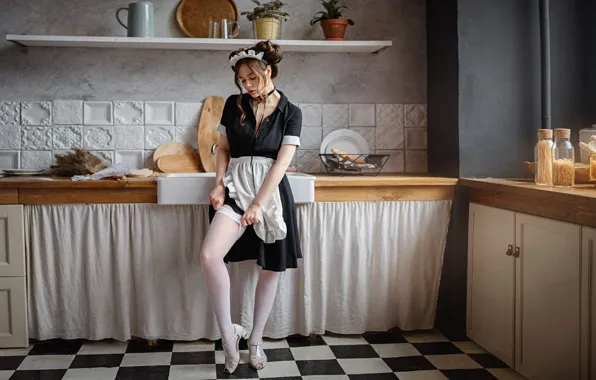 Girl, stockings, kitchen, image, beauty, the maid, apron, sexy