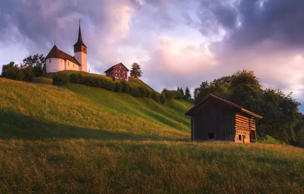 Landscape, sunset, clouds, nature, hills, Switzerland, slope, Church