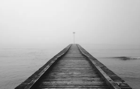 Sea, water, bridge, fog, shore, black and white