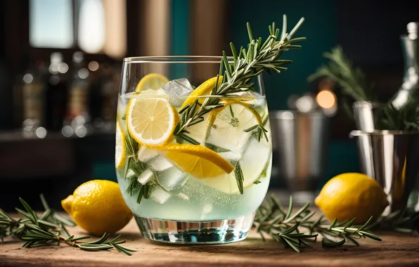 Ice, drink, lemonade, rosemary