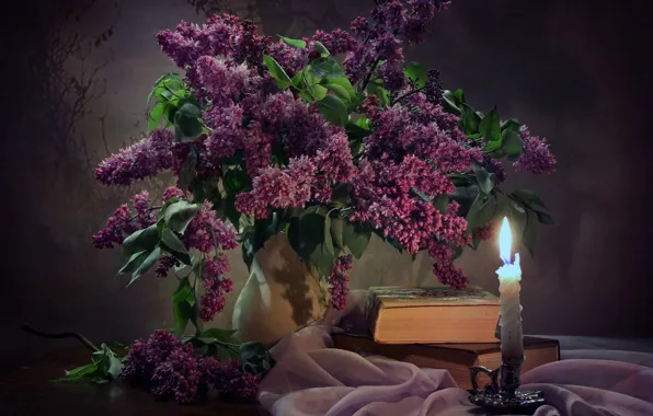Table, fire, books, candle, bouquet, vase, still life, lilac