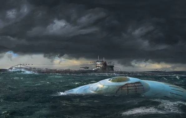Wave, the sky, clouds, the ocean, UFO, U-99, German submarine, &ampquot;Flying saucer&ampquot; third Reich