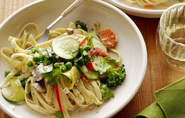 Dressing, vegetables, noodles, pasta with vegetables