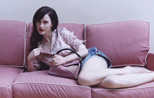 Look, skirt, portrait, actress, brunette, blouse, bag, legs