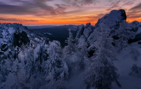 Winter, snow, trees, landscape, mountains, nature, rocks, dawn