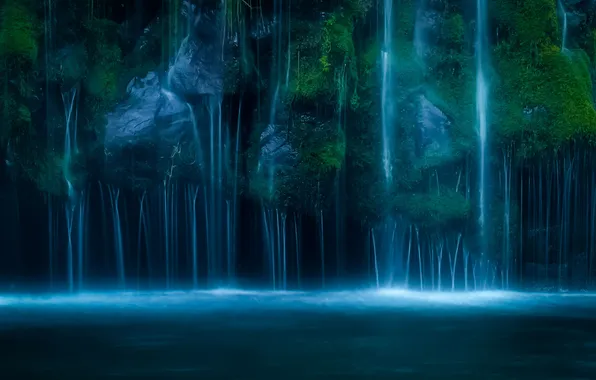 Water, nature, darkness, blue, stones, rocks, shore, waterfall