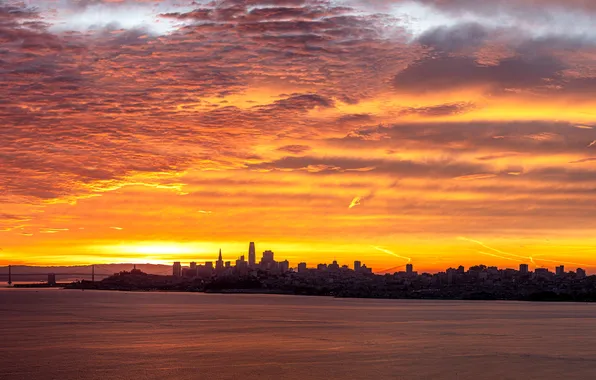 City, USA, skyline, sky, landscape, bridge, sunset, California