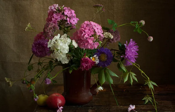 Picture flowers, mug, table, bouquet, lilac, white, still life, Phlox